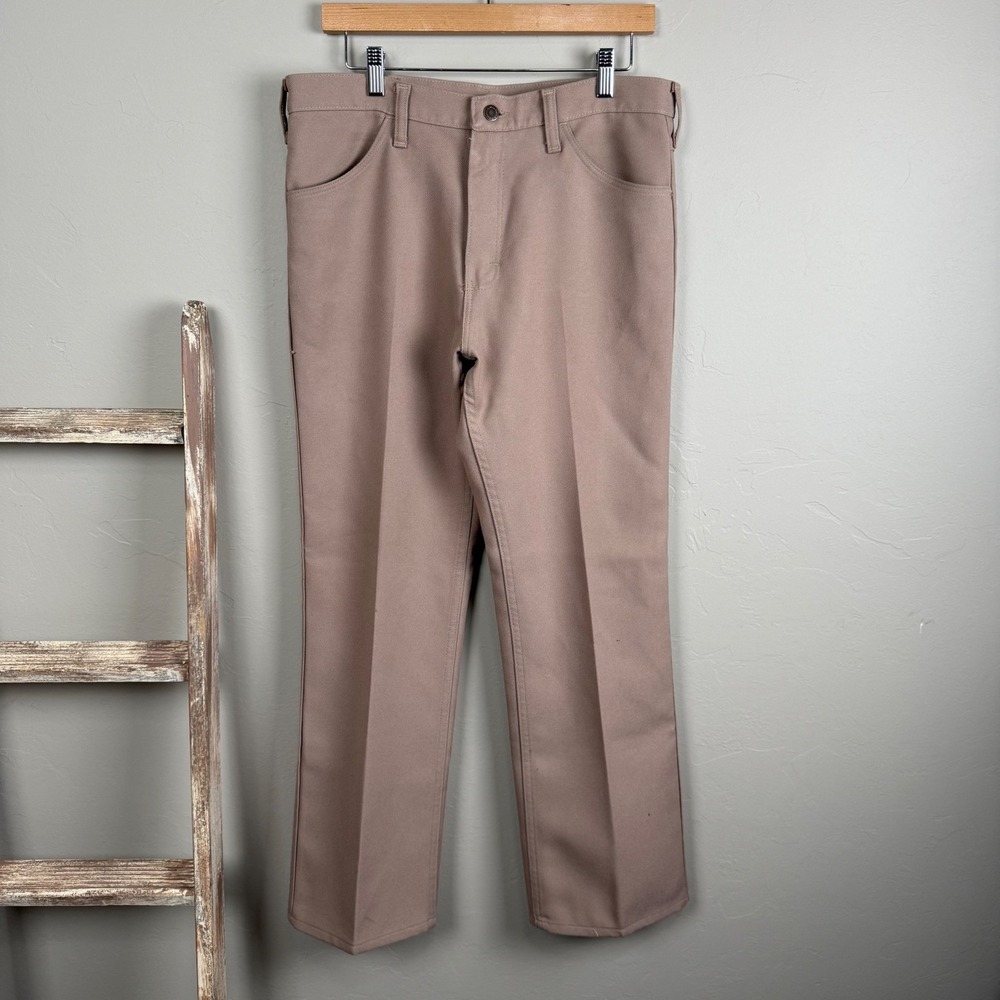 Vintageโ 70s Wrangler Rancher Tan Zip Fly Polyester Bootcut Pants 32x29, USA